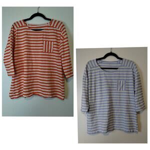 Talbots Lot of 2 Size XLp Petite Orange Blue Striped 3/4 Sleeve Slub Cotton Tops